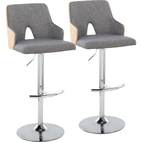 Stella Adjustable Swivel Bar Stool in Chrome, Natural Wood & Light Grey Fabric (Set of 2)